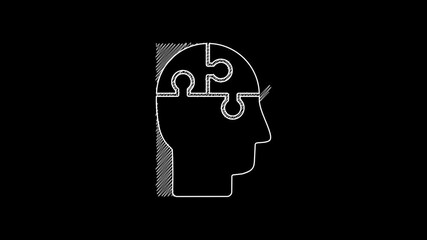 Sticker - White line Human head puzzles strategy icon isolated on black background. Thinking brain sign. Symbol work of brain. 4K Video motion graphic animation