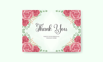 Elegant hand drawing watercolor floral thank you card with  soft flowers and leaves 