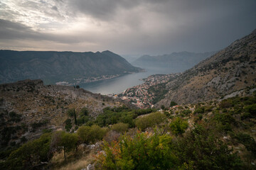 Wall Mural - Views from the Ladder of Kotor, famous hike in Kotor by the Mediteranean Sea, touristic destination in Bbosnia and Herzegovina, Europe