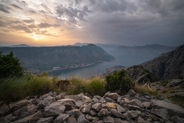 Wall Mural - Views from the Ladder of Kotor, famous hike in Kotor by the Mediteranean Sea, touristic destination in Bbosnia and Herzegovina, Europe