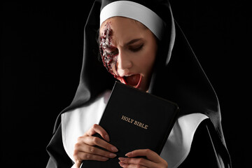 Wall Mural - Woman dressed for Halloween as nun with Bible on dark background