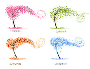Aufkleber - Nature Four stylized trees representing different seasons spring, summer, autumn, winter. Vector.