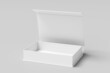 White opened rectangle folding gift box mock up on white background. Side view.