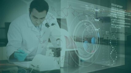 Poster - Animation of rotating shapes over screen with scientific data and scientist with microscope