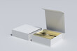 White opened and closed square folding gift box mock up with gold wrapping paper on white background. Side view.