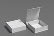 White opened and closed square folding gift box mock up on gray background. Side view.