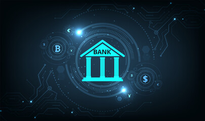 Fototapete -  Banking Technology concept.Isometric illustration of bank on dark blue technology background. Digital connect system.Financial and Banking technology concept.Vector illustration.EPS 10.