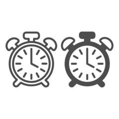 Poster - Vintage alarm clock with button, 4 pm, 4 am line and solid icon, time concept, timepiece vector sign on white background, outline style icon for mobile concept and web design. Vector graphics.