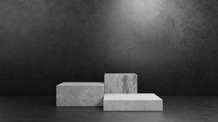 Cube concrete pedestal podium on dark grey concrete studio room background for presentation template.Geometry exhibition stage mock up.3D rendering illustration.