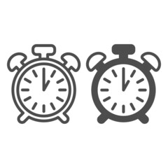 Poster - Vintage alarm clock with button, 1 pm, 1 am line and solid icon, time concept, timepiece vector sign on white background, outline style icon for mobile concept and web design. Vector graphics.
