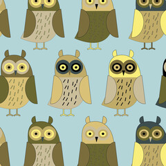 Canvas Print - Pattern with painted colorful owl. Can be used for wallpaper, textiles, packaging, cards, covers. Small cute animal on gray  background.