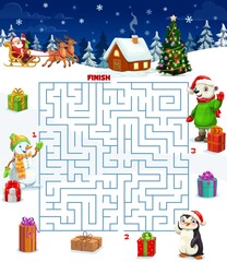 Poster - Christmas maze game with square labyrinth, cartoon vector Christmas gifts and Santa sleigh. Children education puzzle with maze map on Xmas winter holiday background of present boxes and toys