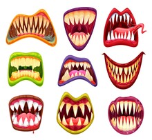 Monster Mouths And Jaws, Cartoon Teeth And Tongues, Vector Scary Halloween Faces. Monster Funny And Horror Smile Masks With Vampire Teeth And Beast Jaws, Devil Or Joker And Scary Clown Grim Smile