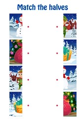 Poster - Child Christmas puzzle, kids match halves game. Children logical riddle, playing activity with matching task. Snowman, elf and gifts, Santa sack with presents and Christmas tree cartoon vector