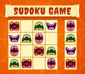Poster - Halloween monster mouths of sudoku or puzzle game vector template. Children educational worksheet of horror puzzle or riddle with screaming vampire, alien mutant and demon smile, preschool education