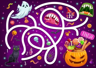 Poster - Kids maze game with Halloween characters and monster mouths. Vector labyrinth puzzle find correct way board game. Task with tangled path, pumpkin, ghost. Children education riddle, preschool activity