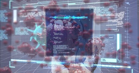 Aufkleber - animation of covid cells and digital interface over male doctor wearing face mask