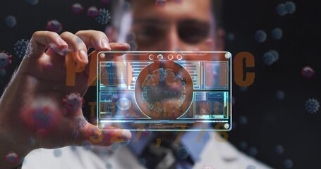 Aufkleber - animation of pandemic text, virus cells, digital interface over male doctor
