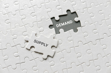 Selective focus of an empty space of jigsaw puzzle written with Demand and a piece of jigsaw puzzle written with Supply.