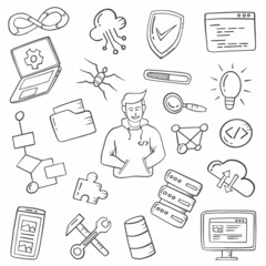 programmer jobs or profession doodle hand drawn set collections with outline black and white style