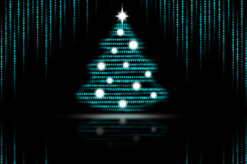 New Year or Christmas tree from binary code. Greeting card for the holiday. Innovative technologies. Digital code concept. Artificial intelligence. Design element