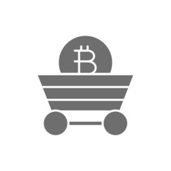 Wall Mural - Miner trolley with bitcoin coin, blockchain, cryptocurrency grey icon.