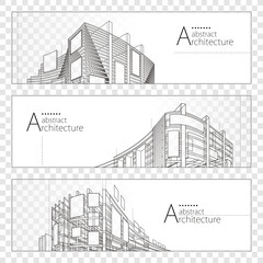 Aufkleber - 3D illustration linear drawing, Imagination Architecture urban building construction perspective design banner set.
