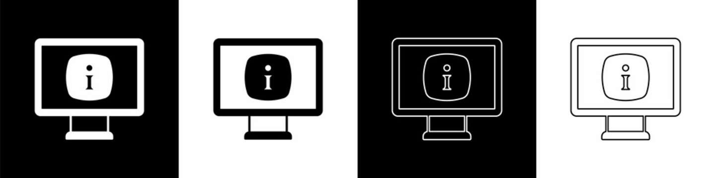 Set Monitor with information icon isolated on black and white background. Vector