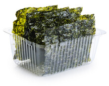 Crispy Nori Seaweed Korean Snack In A Plastic Container Isolated On White Background. With Clipping Path.