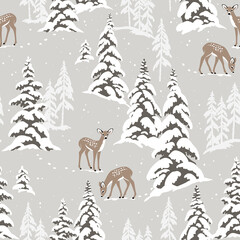 Wall Mural - Snowy landscape seamless vector pattern with deer and snowy pine trees. Perfect for textile, wallpaper or print design.