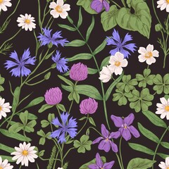 Aufkleber - Seamless botanical pattern with wild herbs. Vintage realistic floral background with meadow flower plants. Herbal texture. Endless repeatable backdrop in retro style. Hand-drawn vector illustration