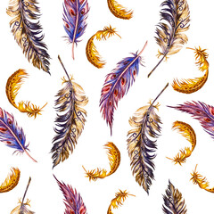  Watercolor seamless elegant pattern of colored feathers. Hand-drawn pattern in boho style, chic wallpaper. Bird feather pattern.