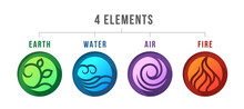 4 Elements Of Nature Symbols With Earth, Water, Air And Fire Sign In Circle Button With Shadow Gradation Vector Design