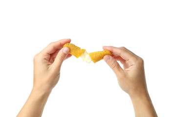 Wall Mural - Female hands hold cheese stick, isolated on white background