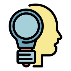 Poster - Light bulb and head icon. Outline light bulb and head vector icon color flat isolated