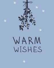 Poster - Hand drawn Christmas mistletoe on blue background. Creative ink art work. Actual vector doodle drawing decorations and text