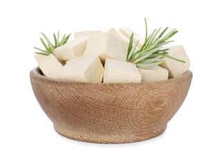 Wooden bowl with delicious tofu and rosemary isolated on white