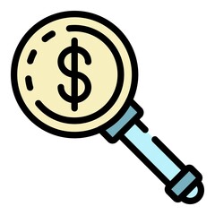 Poster - Dollar magnify glass icon. Outline dollar magnify glass vector icon color flat isolated