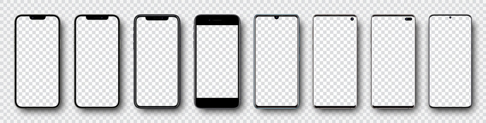 Wall Mural - phone mockup collection. Mockup realistic models phone with shadow and blank screens for your design. Isolated on transparent background. Vector illustration .ai .eps 