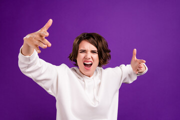 Wall Mural - Photo portrait girl in hoody angry shouting gesturing crazy isolated bright pastel color background