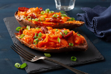 twice baked sweet potato with cheese and chorizo sausage