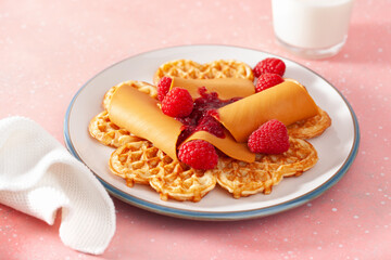 Sticker - waffles with Norwegian brunost traditional brown cheese and raspberry jam