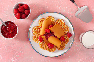 Sticker - waffles with Norwegian brunost traditional brown cheese and raspberry jam