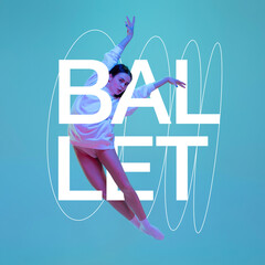 Wall Mural - Portrait of beautiful graceful girl, ballerina dancing isolated on blue background in neon light. Contemporary art collage. Inspiration, idea, trendy urban magazine style.