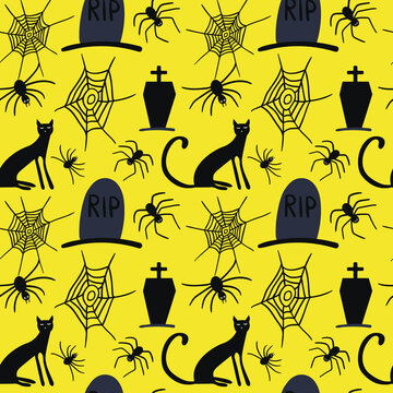 Vector Halloween seamless pattern. Design for Halloween decor, textile, wrapping paper, wallpapers, sticker, greeting cards.