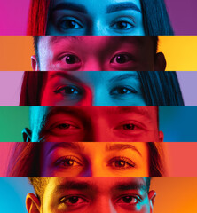 Collage of cropped multiethnic male and female eyes placed on narrow stripes in neon lights.