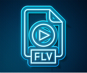 Poster - Glowing neon line FLV file document video file format. Download flv button icon isolated on blue background. FLV file symbol. Vector