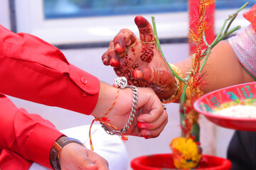 Wall Mural - indian wedding full story with bridal and groom start to end with fashion & tasty food, jewelry & decoration saptapadi samayu javtal ganesh Puja beautiful background all wedding rituals sindur