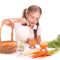 Poster - Girl and carrot juice isolated on white background