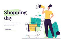Vector Illustration Depicting A Young Woman With Loudspeaker And Shopping Cart. Editable Stroke
